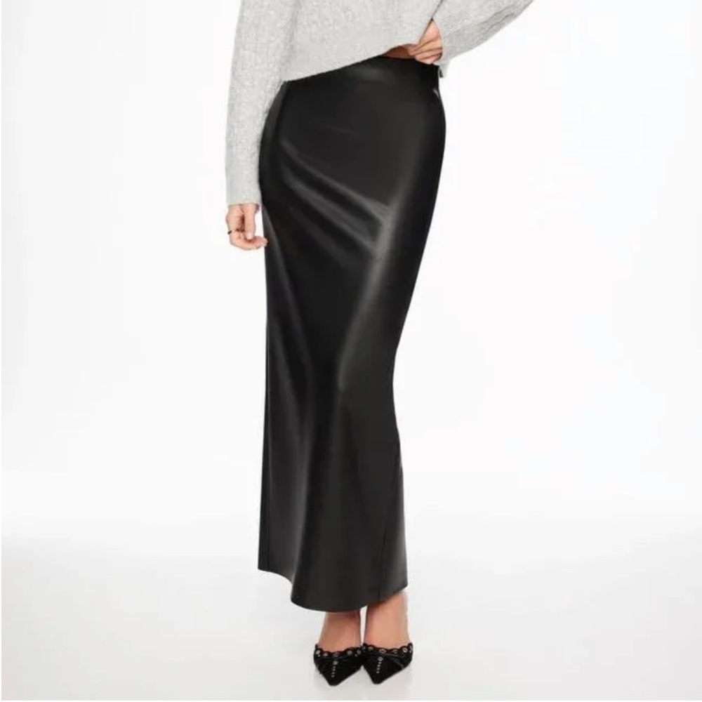 Black faux leather maxi skirt back slit